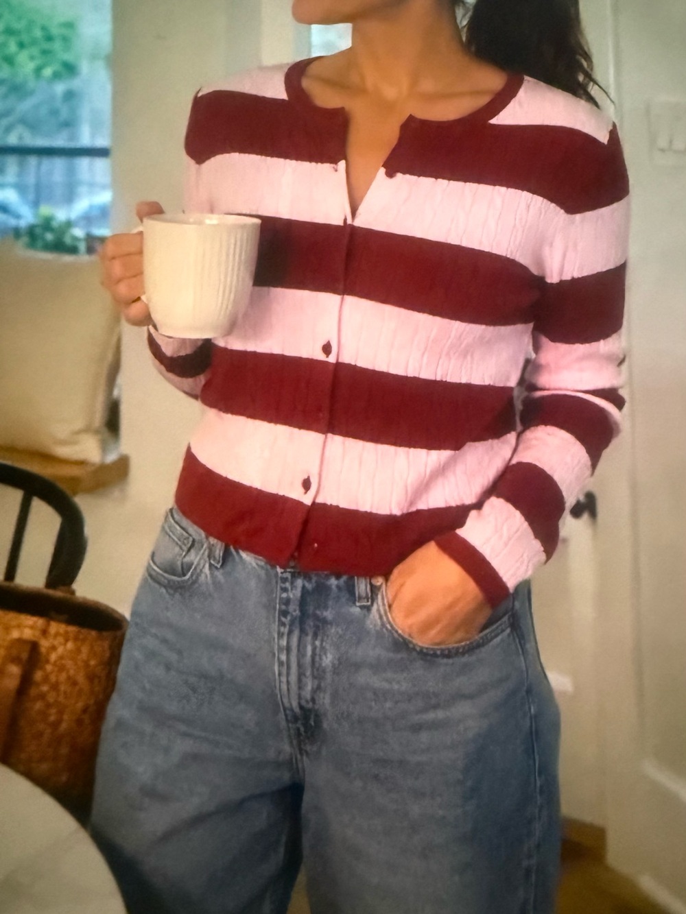 No Boundaries Striped Button-Front Cardigan in Pink & Burgundy